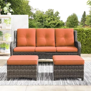 Wicker Outdoor Patio Sofa Sectional Set with Orange Cushions and Ottoman