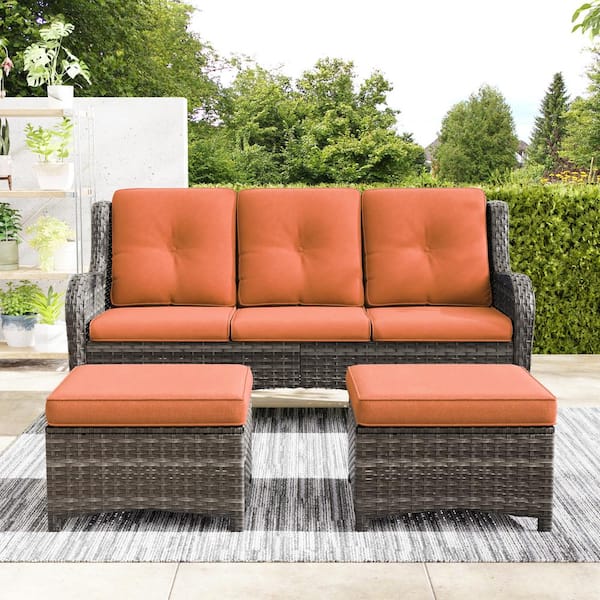 JOYSIDE Wicker Outdoor Patio Sofa Sectional Set with Orange Cushions and Ottoman