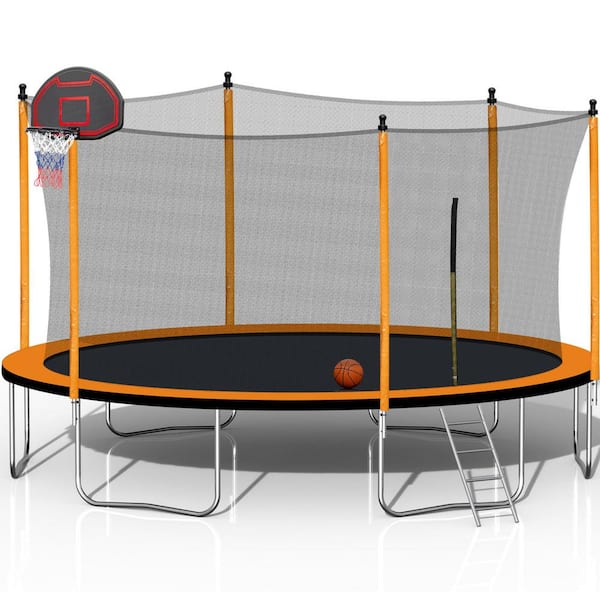 maocao hoom 12 ft. Round Backyard Trampoline with Safety Enclosure, Basketball Hoop and Ladder in Orange
