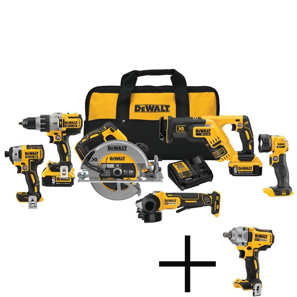 DEWALT 20V MAX Lithium Ion Cordless 6 Tool Combo Kit, 1/2 in. Mid-Range ...