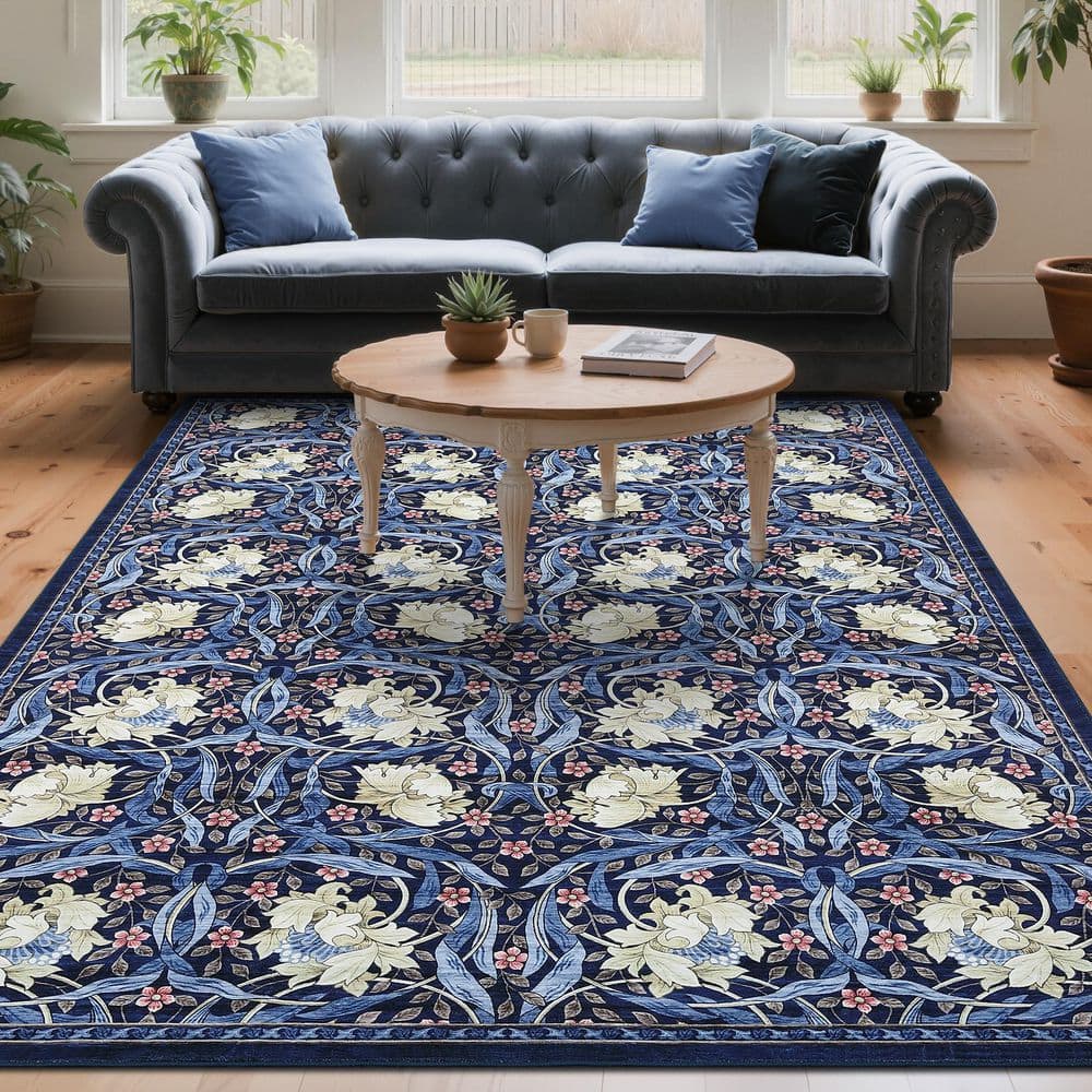 Printable Blue Rug Blue 8 ft. x 10 ft. Anti-Slip Plant Print Rug Vintage Machine Washable ...