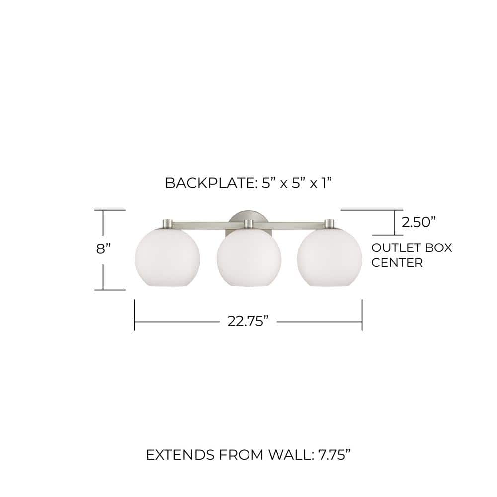 Brushed Nickel 3-Light Vanity with Soft White Glass Shades