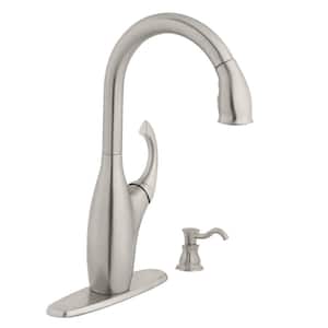 Contemporary Single-Handle Pull-Down Sprayer Kitchen Faucet with Soap Dispenser in Stainless Steel