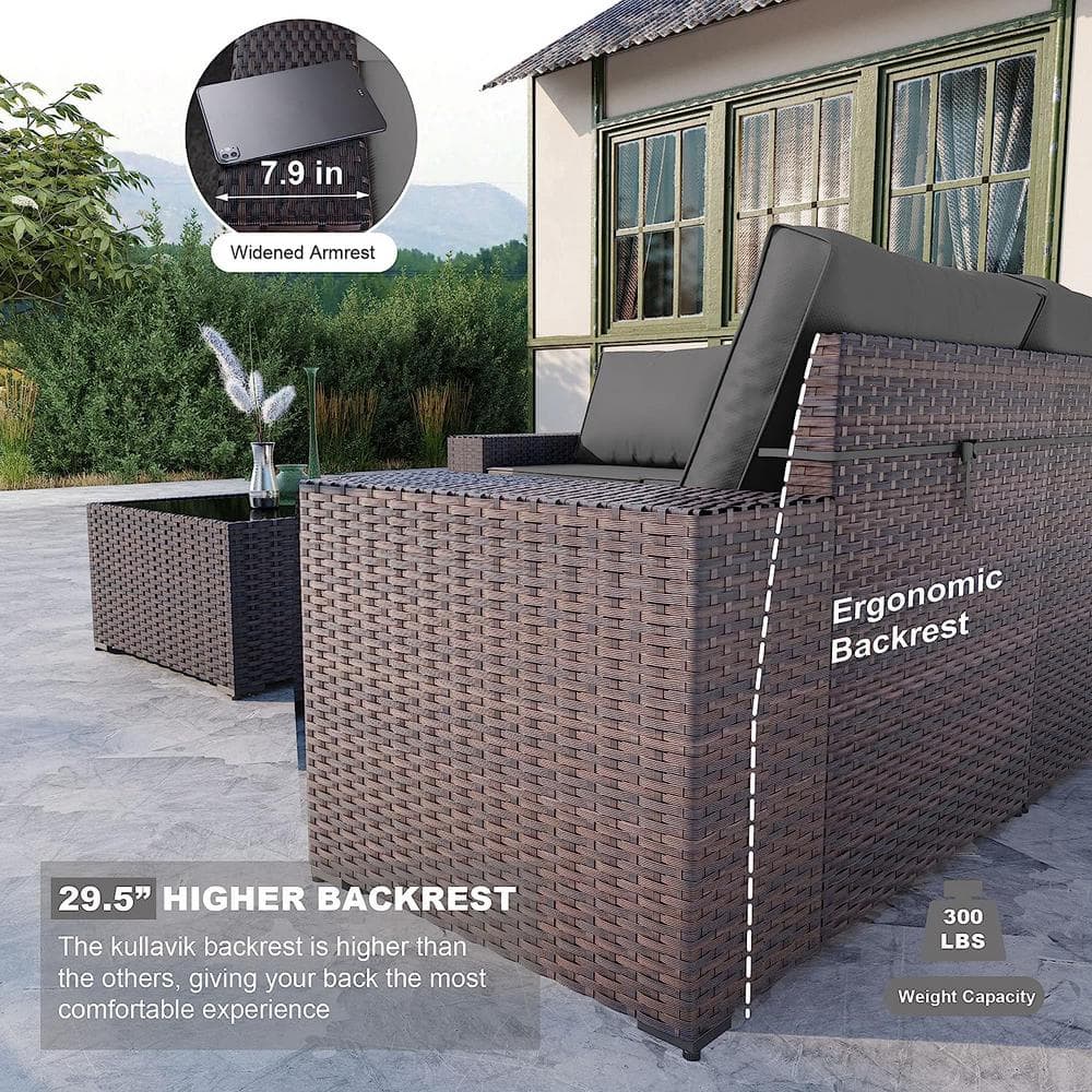 12-Piece Brown Steel Wicker Outdoor Sectional Set with Grey Cushions