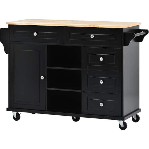 Tatahance Black Rolling Mobile Kitchen Island with Spice Rack, Towel Rack and Drawer and Rubber Wood Desktop