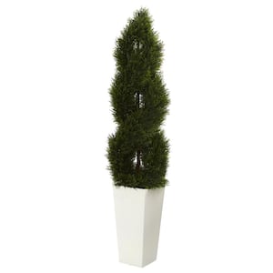 5.5 ft. High Indoor/Outdoor Double Pond Cypress Spiral Topiary Artificial Tree in White Tower Planter