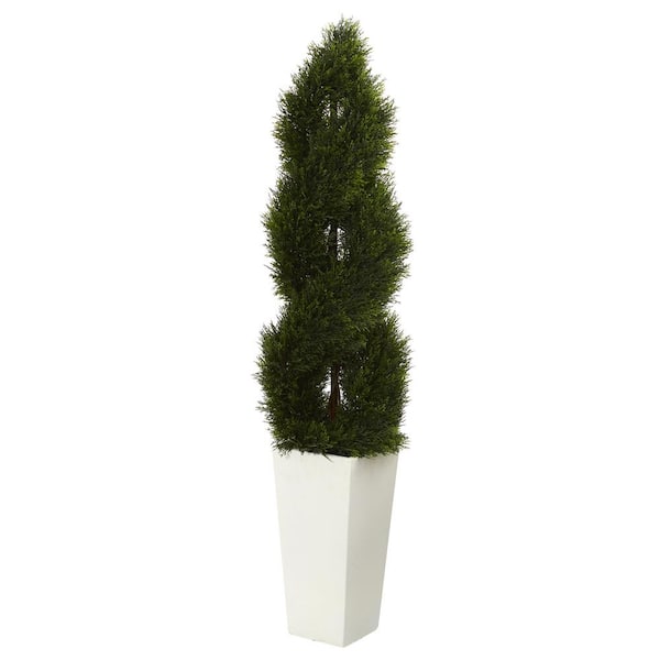 Nearly Natural ft. High Indoor/Outdoor Double Pond Spiral Topiary Artificial Tree in White Tower Planter 5773 - The Home Depot