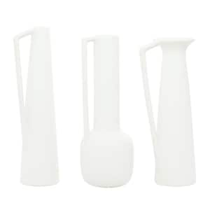17 in., 16 in., 16 in. White Ceramic Decorative Vase with Handles (Set of 3)