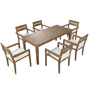7-Piece Natural Acacia Wood Outdoor Dining Set with White Cushions and Dining Table for Patio, Porch, Poolside