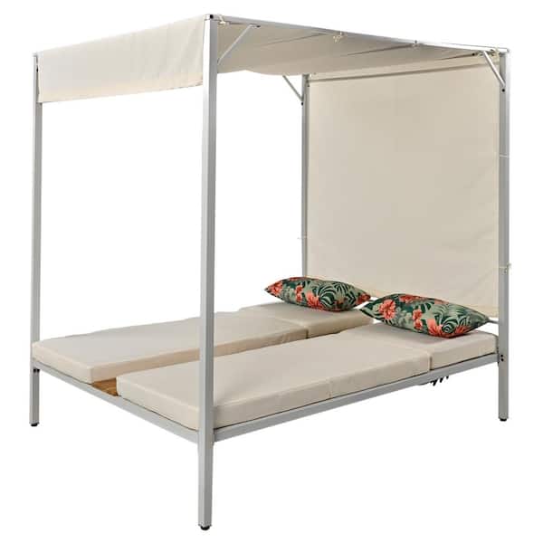 Unbranded Metal Outdoor Patio Sunbed Day Bed with Beige Cushions, Adjustable Seats