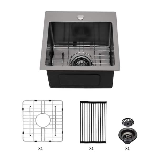 15 in. Drop-In Single Bowl 16-Gauge Black Stainless Steel Kitchen Sink Basin