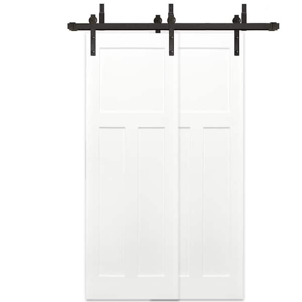Pacific Entries 48 in. x 80 in. Bypass 3-Panel Solid Core Primed Pine Wood Sliding Barn Door with Bronze Hardware Kit, Soft Close