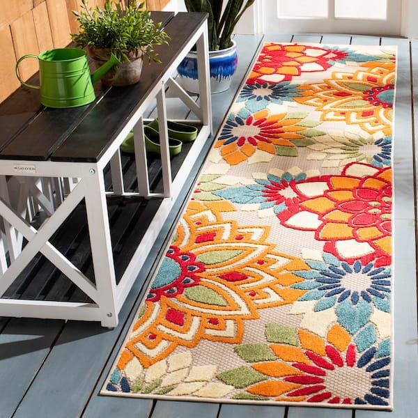 Cabana Ivory/Orange 2 ft. x 17 ft. Retro Floral Indoor/Outdoor Runner Rug