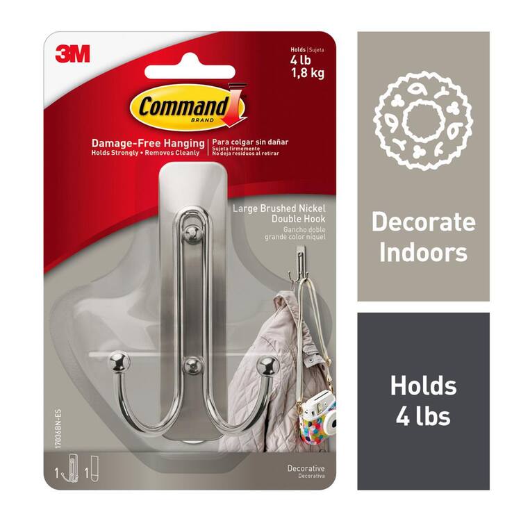 Command Large Double Wall Hooks, Brushed Nickel, Damage Free Decorating, 1 Hook