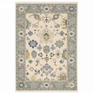 Ivory Blue Grey Teal Gold Green and Rust 2 ft. x 3 ft. Oriental Power Loom Stain Resistant Fringe Area Rug