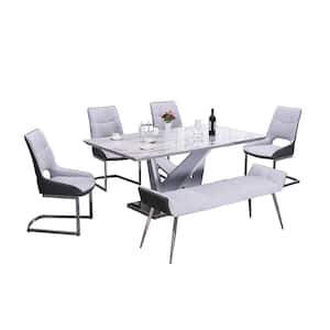 Mirnas 6-piece Counter Height Faux Marble Dining Set with White/Gray Chairs and Bench.