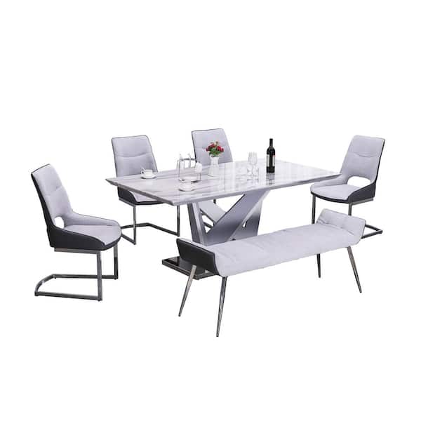 Best Quality Furniture Mirnas 6-piece Counter Height Faux Marble Dining Set with White/Gray Chairs and Bench.