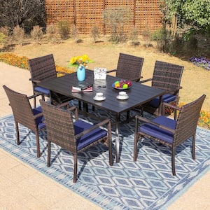 7-Piece Metal Patio Outdoor Dining Set with Rattan Chair with Blue Cushion