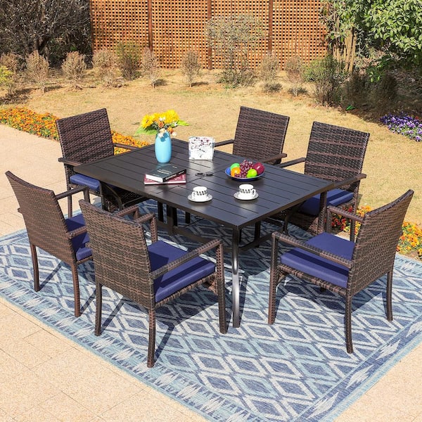 PHI VILLA 7-Piece Metal Patio Outdoor Dining Set with Rattan Chair with Blue Cushion