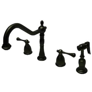 English Country 2-Handle Deck Mount Widespread Kitchen Faucets with Brass Sprayer in Oil Rubbed Bronze