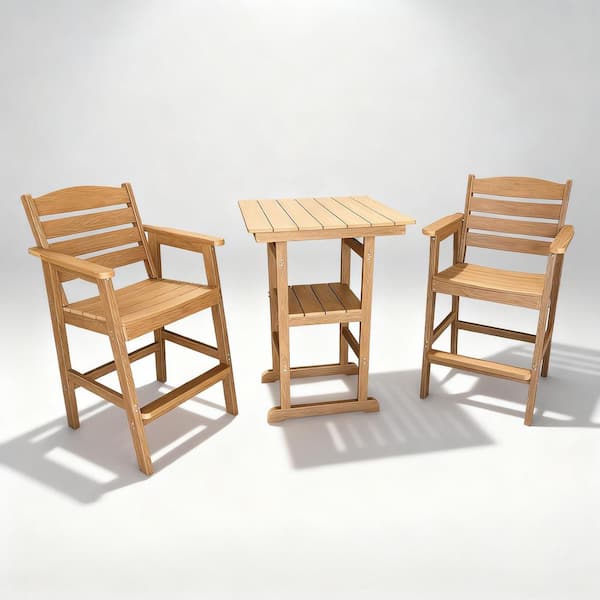 Poly Lumber Patio HIPS Bar Set, 2-Person Plastic Outdoor Bar Stools with Table, Teak Tone, 600 lb. Weight Capacity