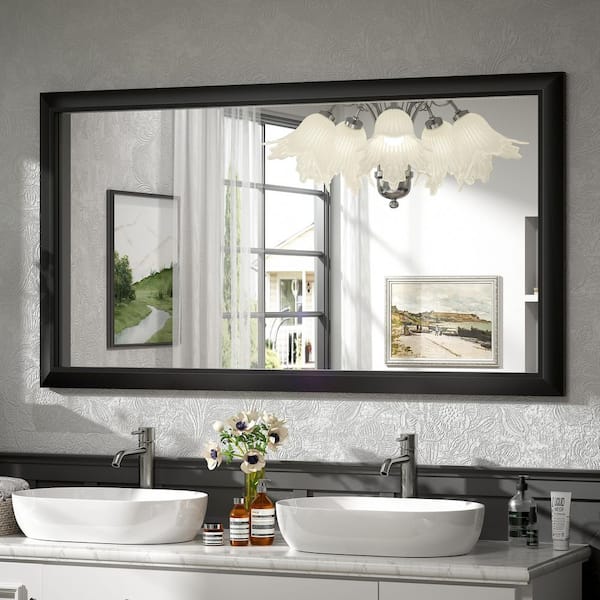 55 in. W x 30 in. H Rectangular Aluminum Alloy Framed and Tempered Glass Wall Bathroom Vanity Mirror in Matte Black