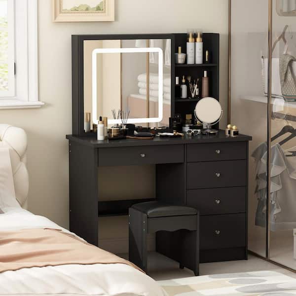 patrice Blå Derfor FUFU&GAGA 5-Drawers Black Wood LED Push-Pull Mirror Makeup Vanity Sets Dressing  Table Sets with Stool and 3-Tier Storage Shelves KF210141-04 - The Home  Depot