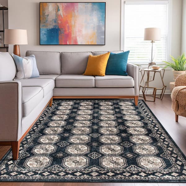 Transitional Moroccan Washable Non Slip Anthracite 8 ft. x 10 ft. Area Rug