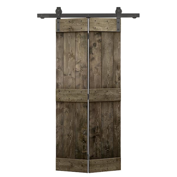 CALHOME 22 in. x 84 in. Mid-Bar Series Solid Core Espresso Stained DIY Wood Bi-Fold Barn Door with Sliding Hardware Kit