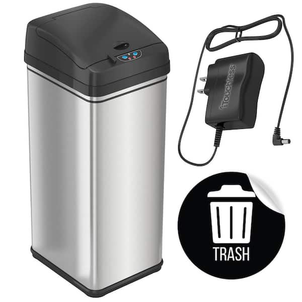 13 Gal. / 49 Liter Stainless Steel Household Metal Trash Can with Sensor Lid, Odor Filter and AC Adapter