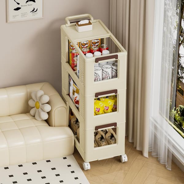 Tileon 3-Tier Kitchen Storage Cart, Multifunction Utility Mobile Storage Organizer with Lockable Wheels - Beige