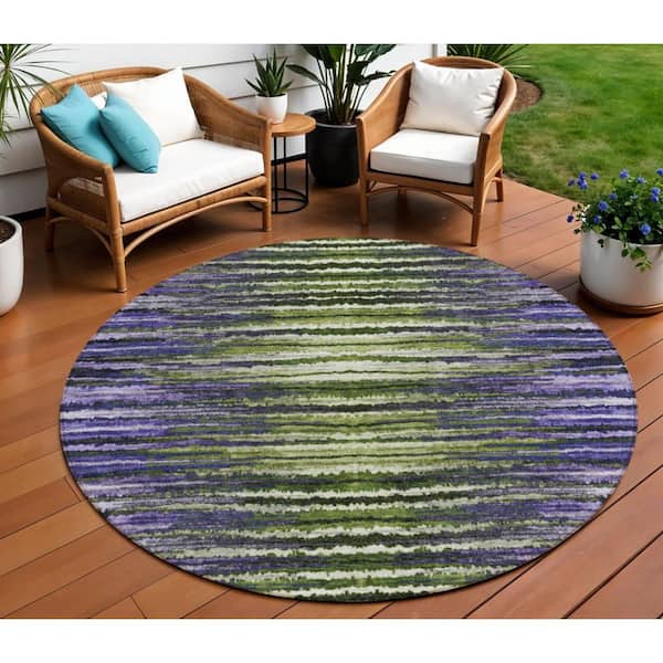 Purple, Lilac, Lavender 8 ft. Round Woven Striped Polyester Round Indoor/Outdoor Area Rug