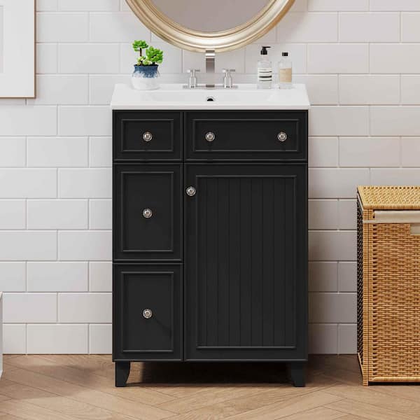 24 in. W Single Sink Freestanding Bath Vanity in Black with White Ceramic Top, 2 Drawers and 1 Door