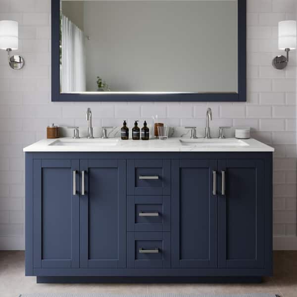 Wyndham Collection Miranda 60 in. W x 22 in. D x 33.75 in. H Double Bath Vanity in Dark Blue with Giotto Quartz Top