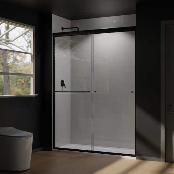 54 in. W x 72 in. H Framed Sliding Shower Door in Black with Tempered Glass