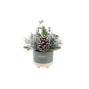 9 in. H Christmas Arrangement in Believe Ceramic Footed Pot with Pinecones and Berries