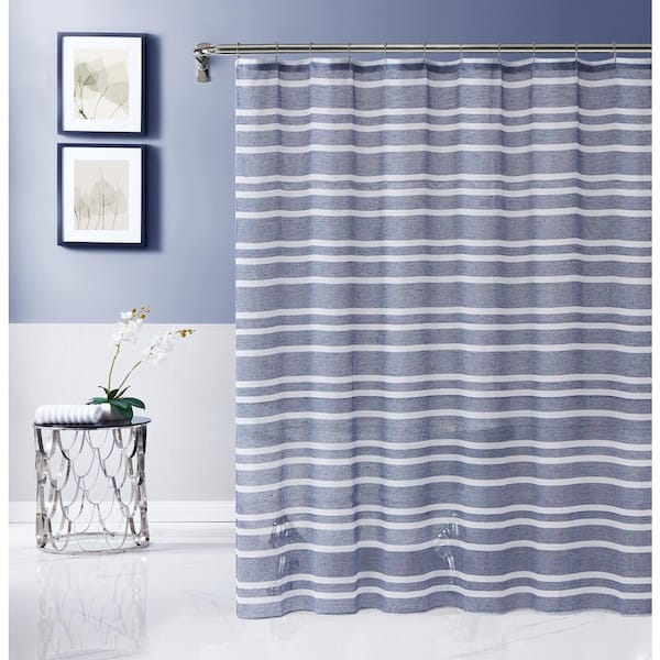 Naples Linen Look Striped Designed, Navy And White Shower Curtain Extra Long
