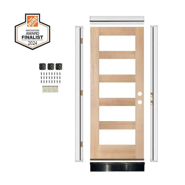 DIY 36 in. x 80 in. Modern Hemlock Left-Hand 5-Lite Clear Glass Unfinished Wood Front Door Kit w/ Quick Assemble Jamb