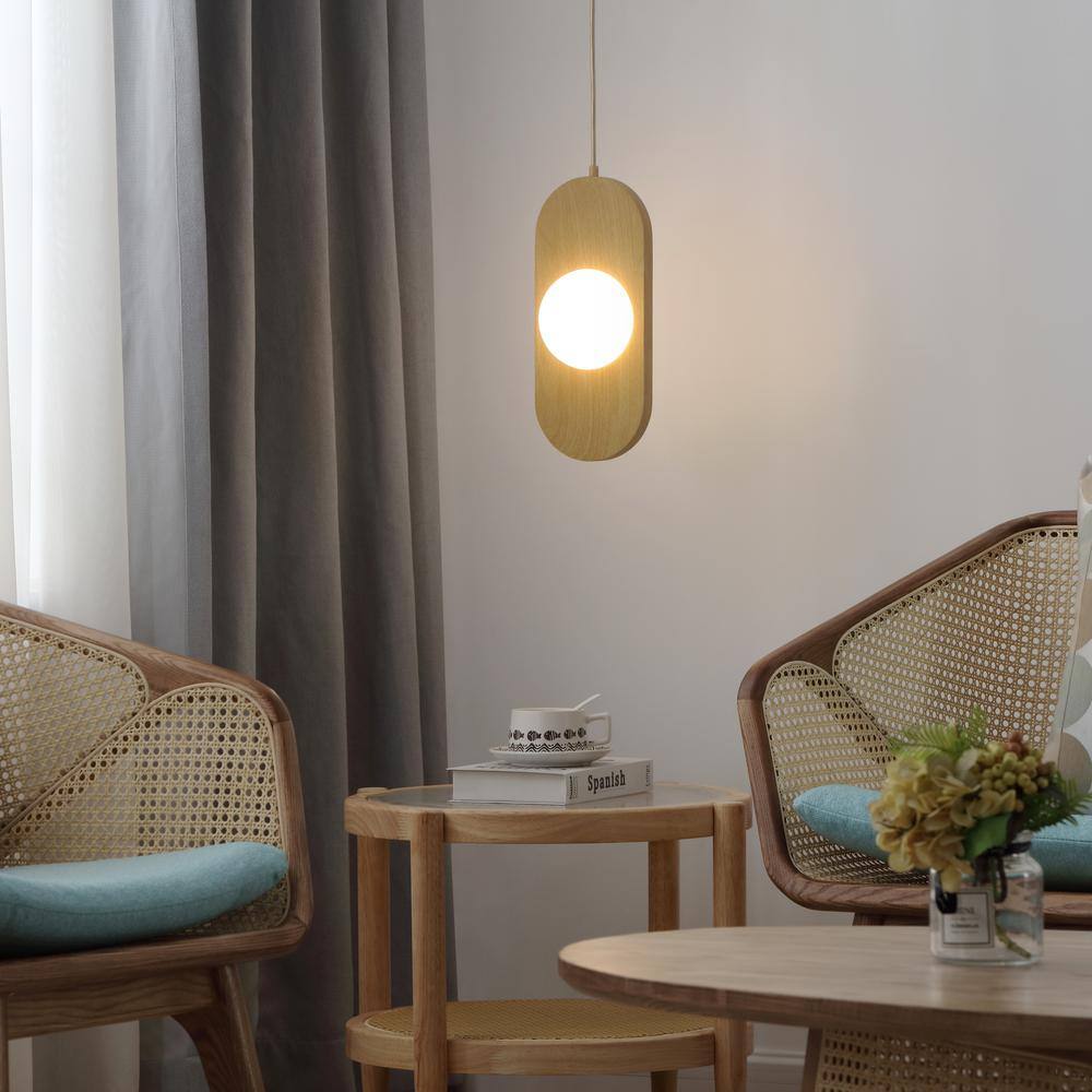 Natural Wood and Frosted Glass LED Pendant Light, 14" x 6"