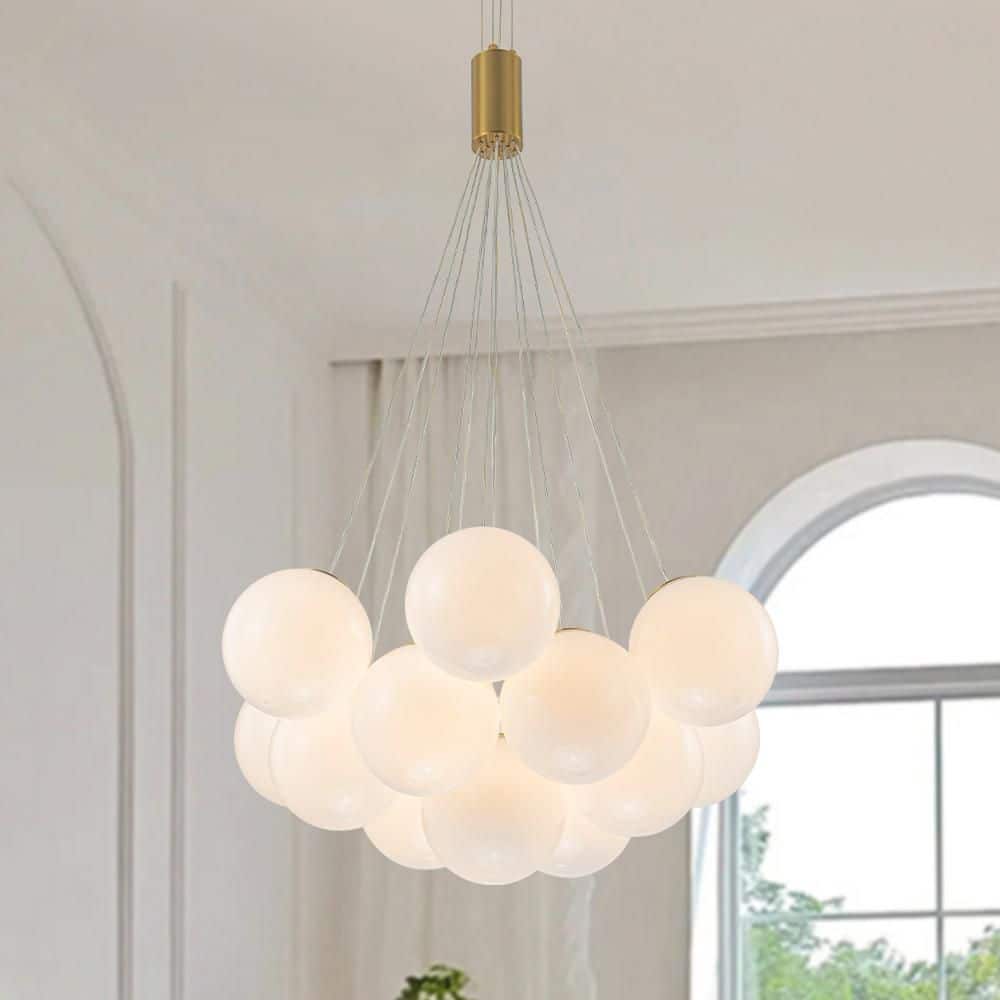13 Light Brass Mid Century Modern Globe Bubble Chandelier Light Fixture for Bedroom With Milky Glass, No Bulb Included price history on PriceWatchPro