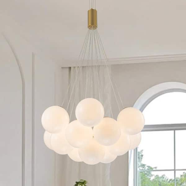 Y'INSP 13 Light Brass Mid Century Modern Globe Bubble Chandelier Light Fixture for Bedroom With Milky Glass, No Bulb Included