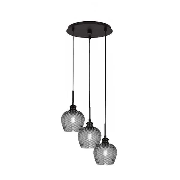 Unbranded Albany 60-Watt 13.5 in. 3-Light Espresso Cord Pendant Light Smoke Textured Glass Shade