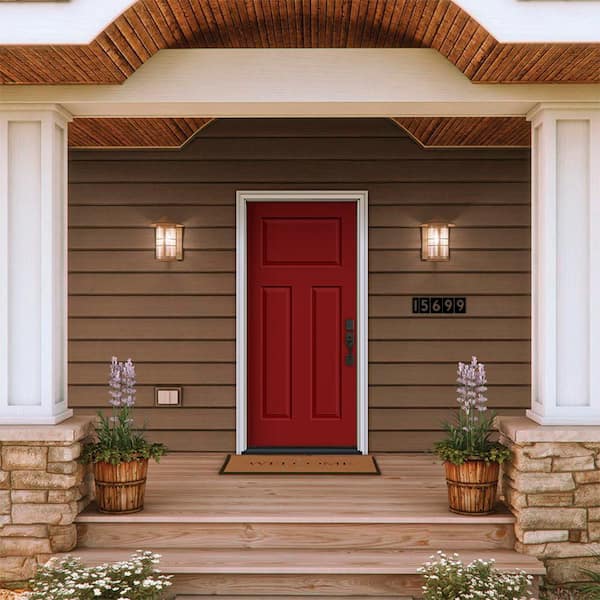 34 in. x 80 in. 3-Panel Craftsman Cranberry Red Painted Steel Prehung Left-Hand Inswing Front Door with Brickmould
