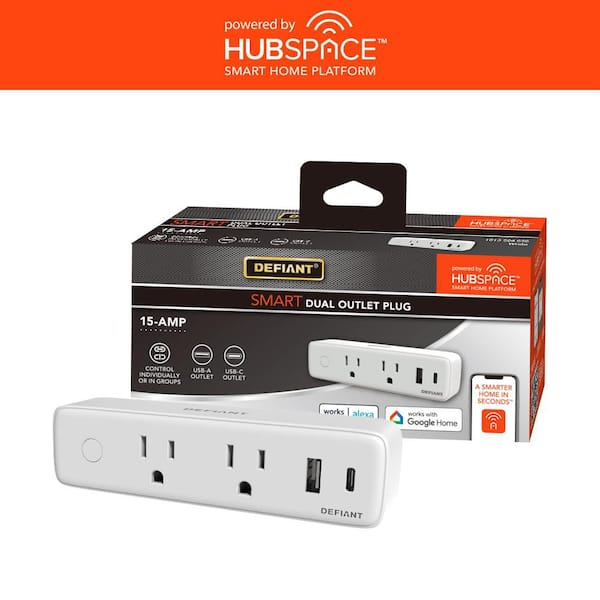 15 Amp Smart Wi-Fi Bluetooth Indoor USB Plug Timer with 2-Outlets, USB Type-A and USB Type-C Powered by Hubspace