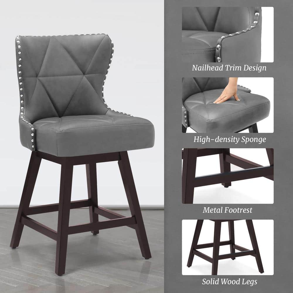 Dark Gray Faux Leather Swivel Counter Stools with Wood Legs, Set of 3