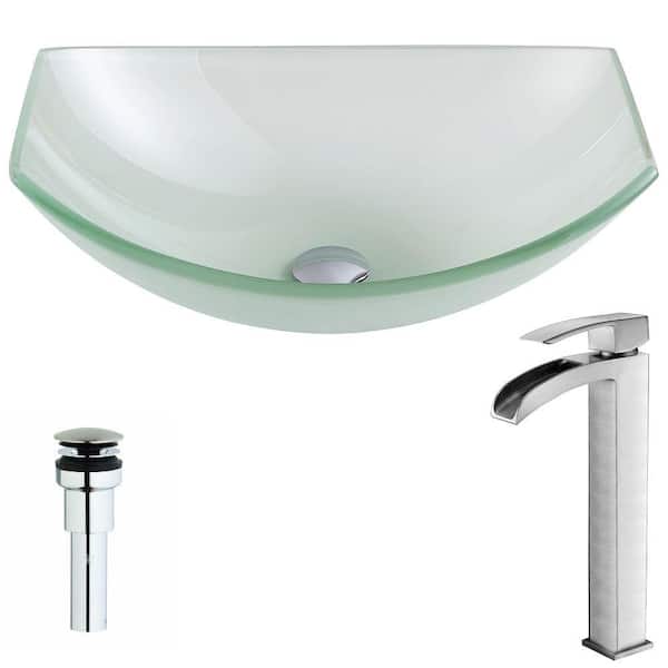 ANZZI Pendant Series Deco-Glass Vessel Sink in Lustrous Frosted with Key Faucet in Brushed Nickel