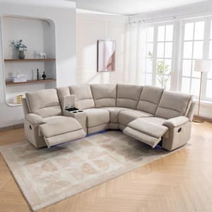 94.8 in. Velvet Reclining Sectional Sofa in Cream with USB Ports, LED Light, 2-Cup Holders, 1-Storage Box