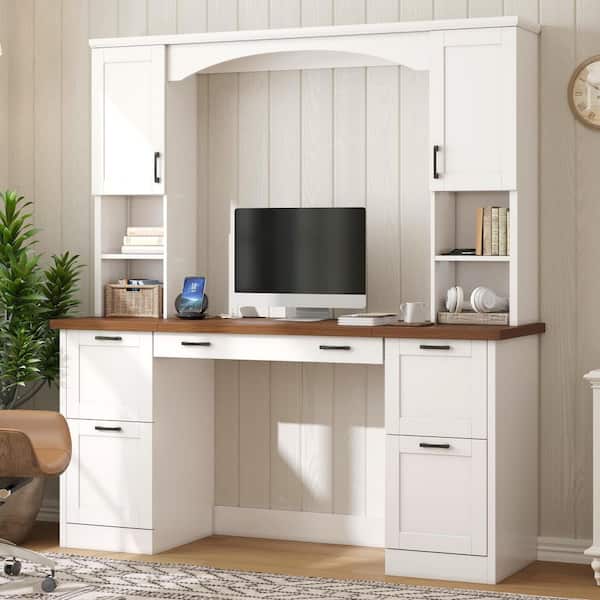 Yryx 67.54 in. White MDF Wood Computer Writing Desk with Drawers, Hutch, Charging Station and Keyboard Tray