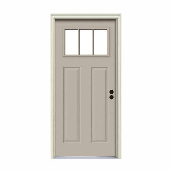 JELD-WEN 32 in. x 80 in. 3 Lite Craftsman Desert Sand Painted Steel Prehung Left-Hand Inswing Front Door w/Brickmould