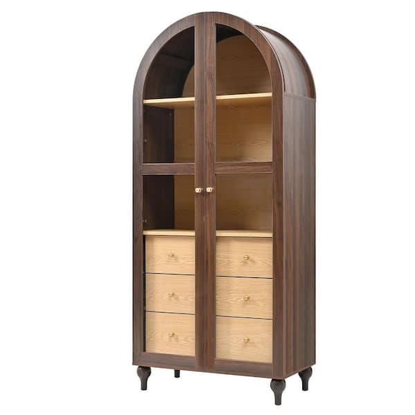 Jadine Walnut 68.5 in. H Arched Kitchen Pantry Cabinet with Adjustable Shelves, 3 Hidden Drawers